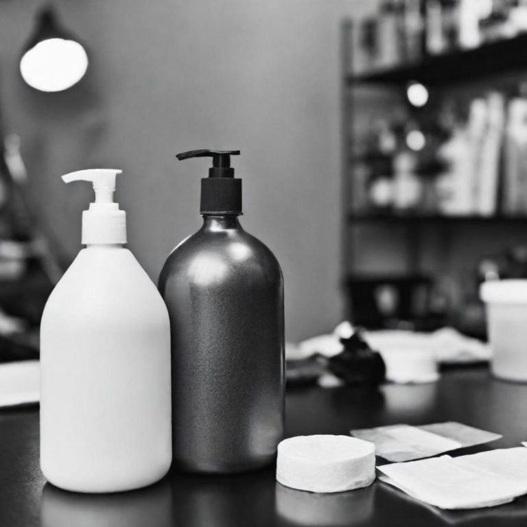 Zwei Flaschen mit Spendern, eine weiß und eine schwarz, auf einem Tisch.