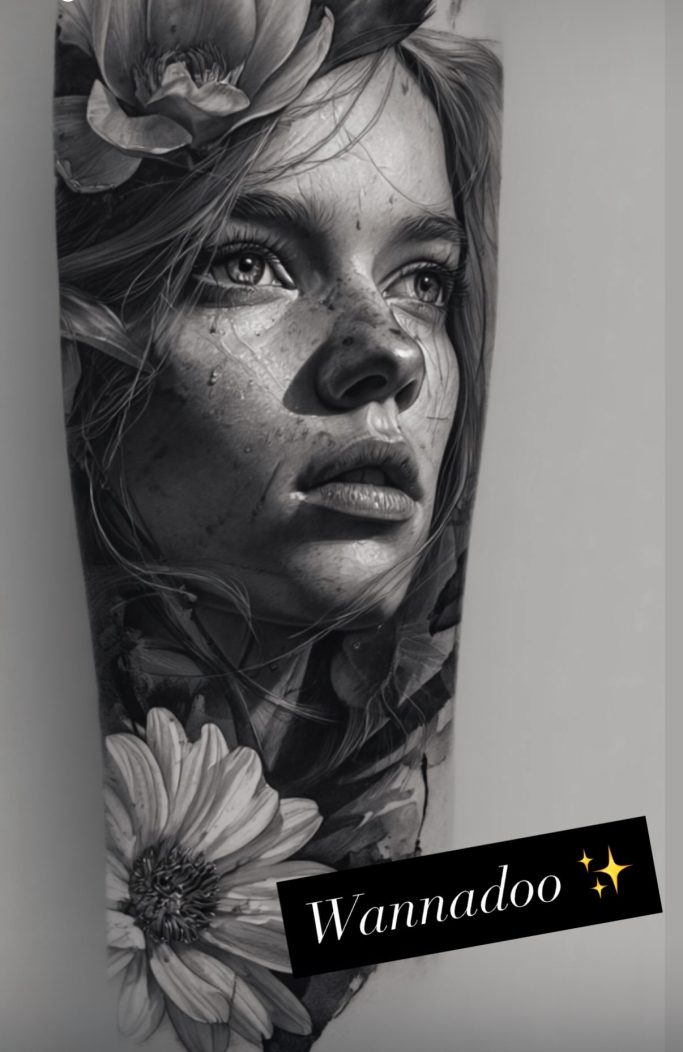 Porträt einer jungen Frau mit Blumenmotiven. - Alice Wonderline Tattoo Wannado