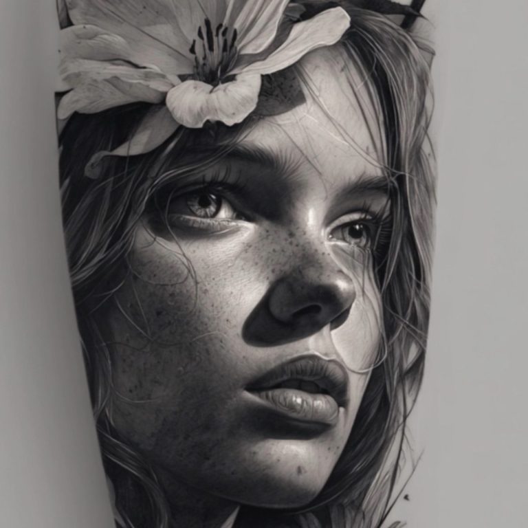 Porträt einer Frau mit einer Blume im Haar, in Schwarz-Weiß.