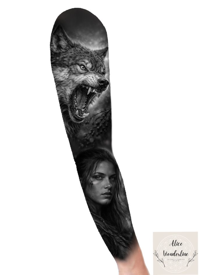 Tattoosleeve Design mit einem Wolfskopf und einer Frau. - Alice Wonderline Tattoo Wannado