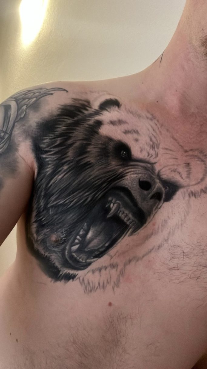 Angefangenes Tattoo: Bär auf der Brust